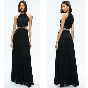 ALICE + OLIVIA Myrtice Crystal Embellished Cutout Pleated Black Maxi Dress Sz 8